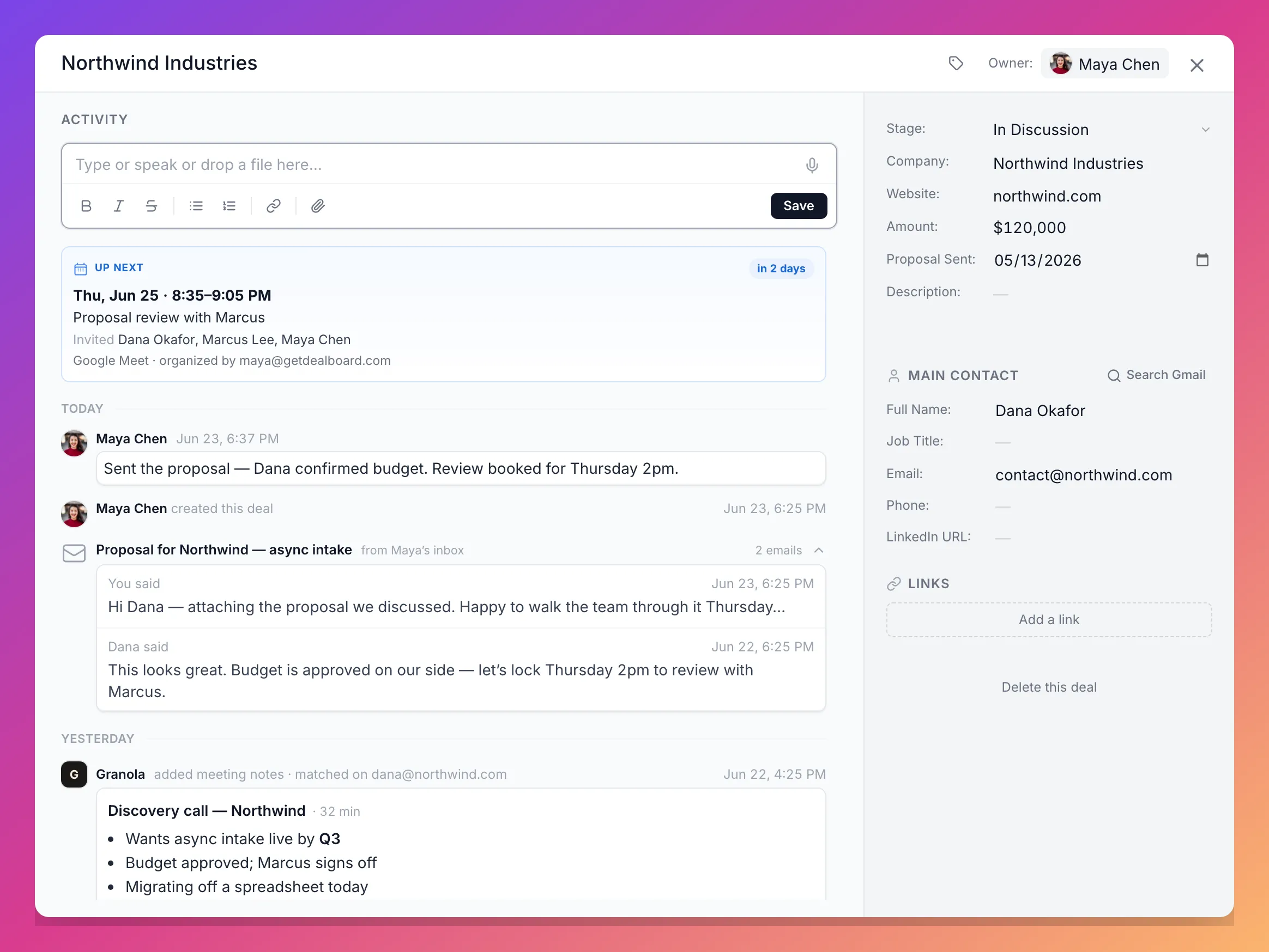 A Dealboard deal with a Gmail thread, a Granola call summary matched by attendee email, and an upcoming Google Calendar meeting — all on one activity timeline, none of it entered by hand