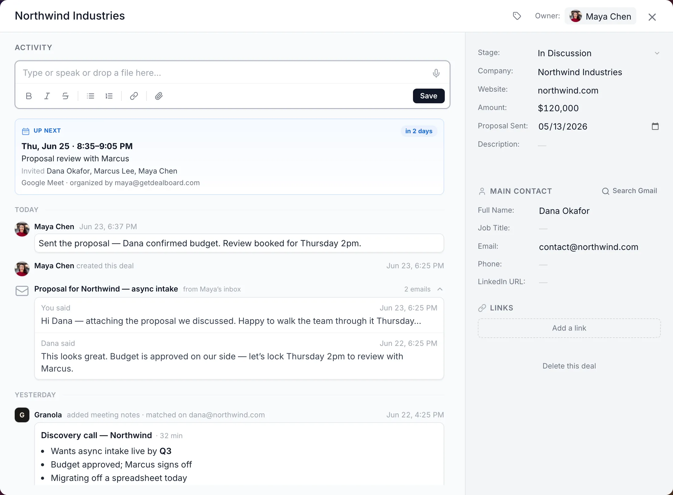 A Dealboard deal with notes, emails, a Granola call and an upcoming meeting on one threaded activity timeline