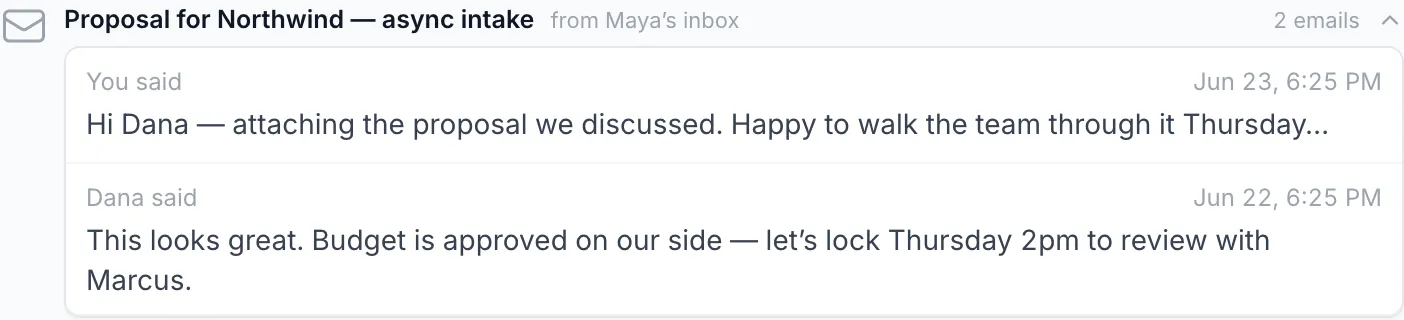 A Gmail thread rendered as a read-only email card on a Dealboard deal