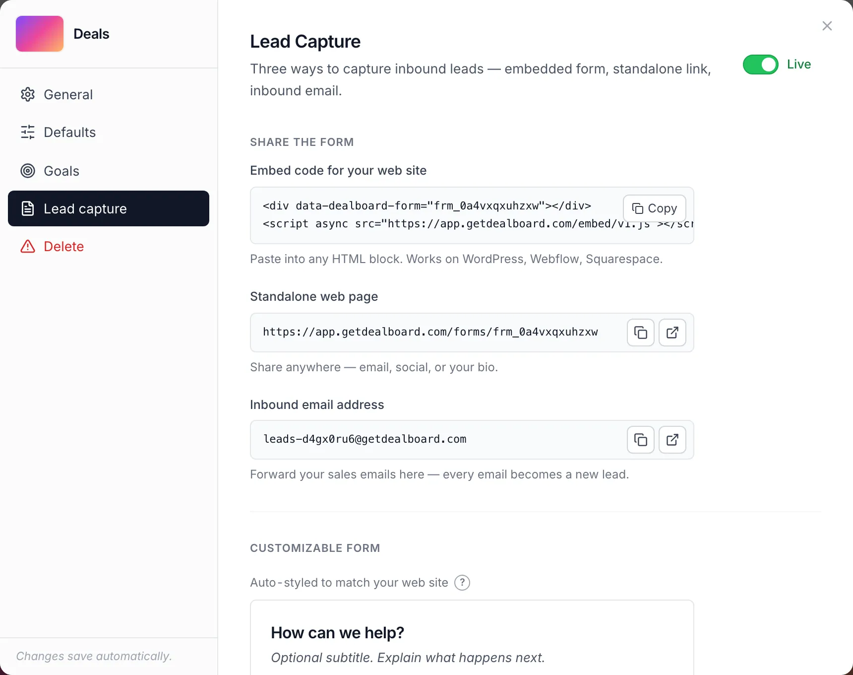 The Dealboard lead capture settings — embed code, standalone link, inbound email, customizable form
