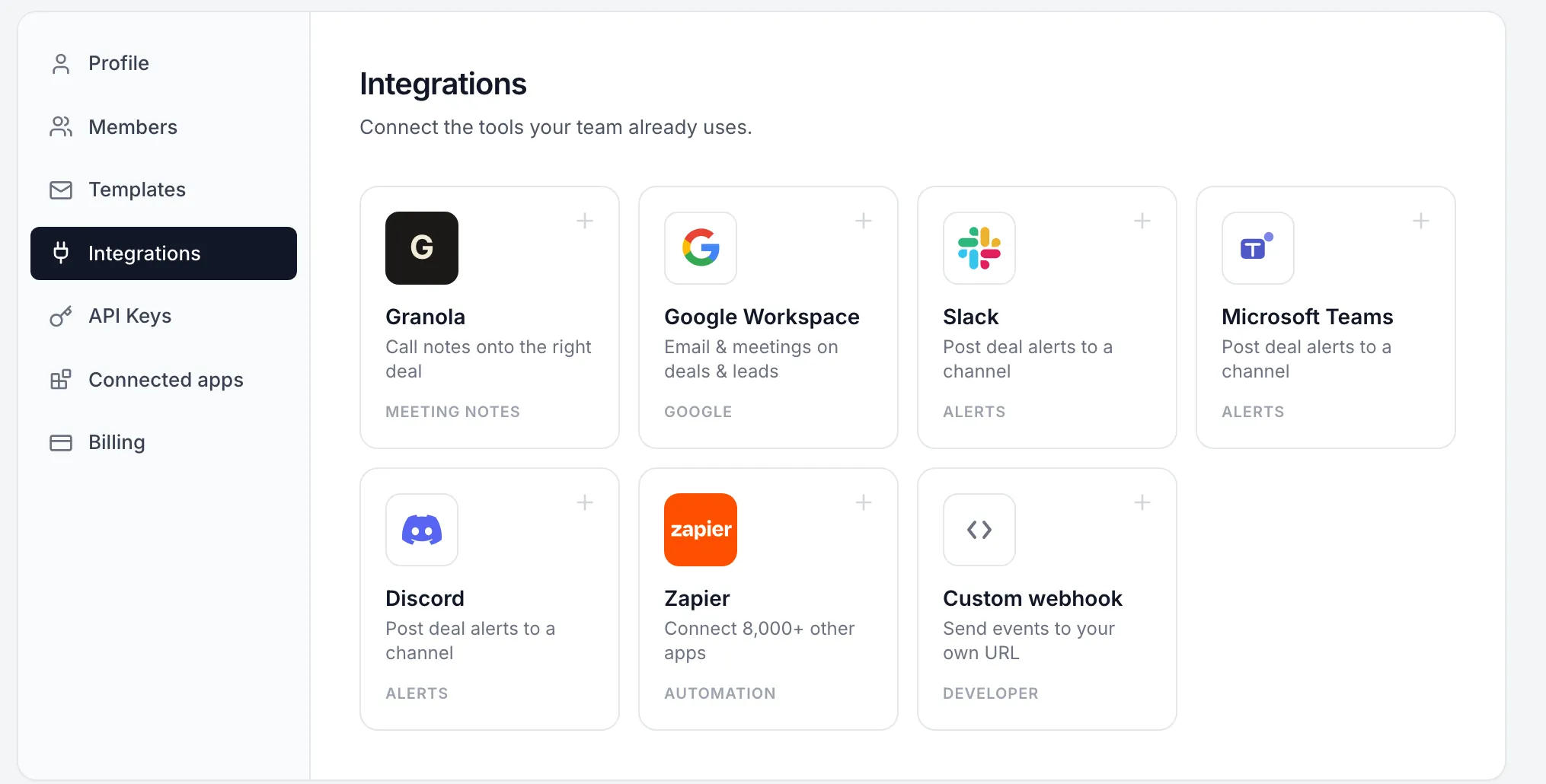Dealboard integrations — webhooks, Slack, Teams, Discord, Zapier