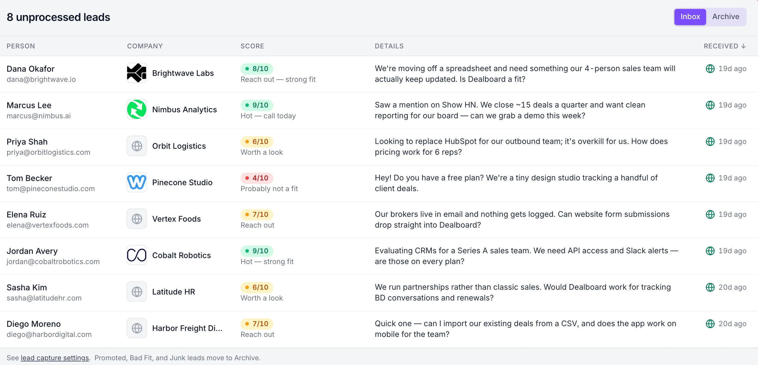 The Dealboard leads inbox showing color-coded fit scores and verdicts pushed in through the API