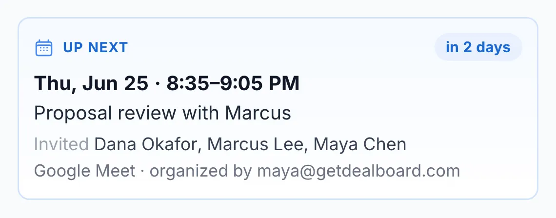 An upcoming Google Calendar meeting shown on a deal in Dealboard