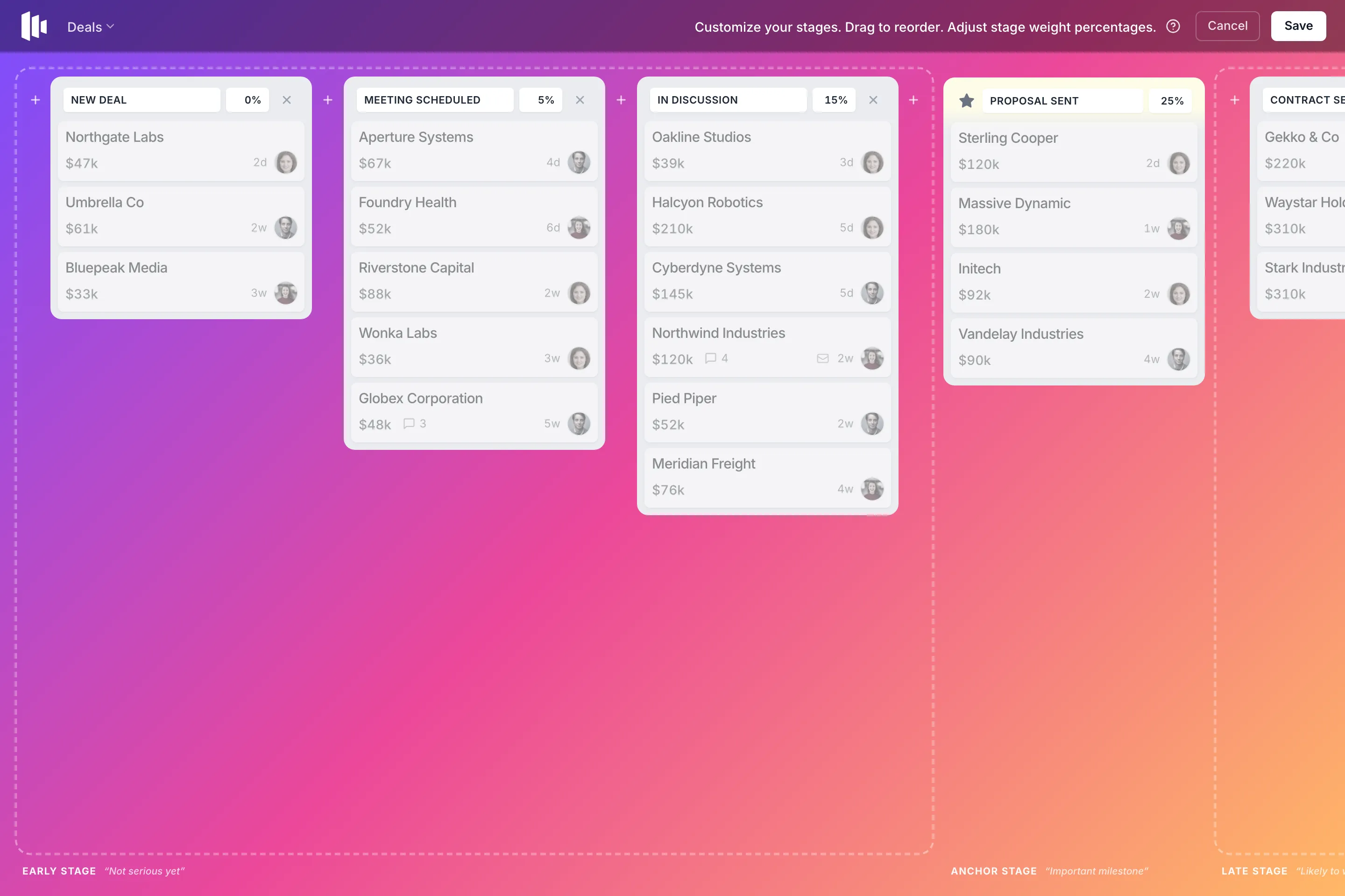 Customizing pipeline stages and win probabilities in Dealboard