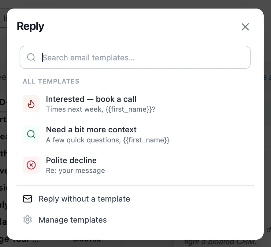 The Dealboard template picker open over a Gmail reply, with a search box and templates including 'Interested — book a call' and 'Polite decline'